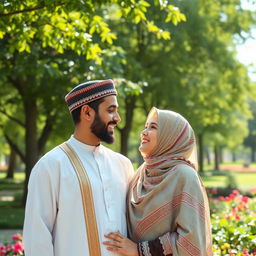 An Arab Muslim couple, the man wearing a traditional thobe and kufi cap, and the woman wearing a beautifully patterned hijab, standing together in a scenic park full of vibrant green trees and blooming flowers