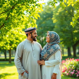 An Arab Muslim couple, the man wearing a traditional thobe and kufi cap, and the woman wearing a beautifully patterned hijab, standing together in a scenic park full of vibrant green trees and blooming flowers