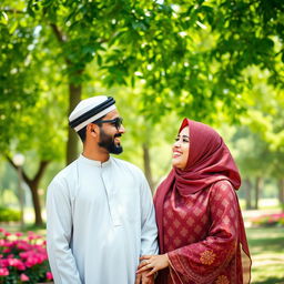 An Arab Muslim couple, the man wearing a traditional thobe and kufi cap, and the woman wearing a beautifully patterned hijab, standing together in a scenic park full of vibrant green trees and blooming flowers