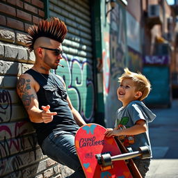 A dynamic urban street scene featuring a cool adult with a mohawk hairstyle and tattoos, leaning casually against a graffiti-covered wall, and some colorful street art in the background