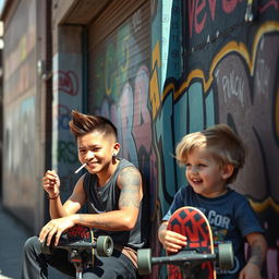 A dynamic urban street scene featuring a cool adult with a mohawk hairstyle and tattoos, leaning casually against a graffiti-covered wall, and some colorful street art in the background