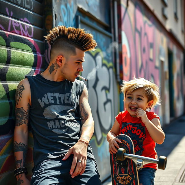 A dynamic urban street scene featuring a cool adult with a mohawk hairstyle and tattoos, leaning casually against a graffiti-covered wall, and some colorful street art in the background