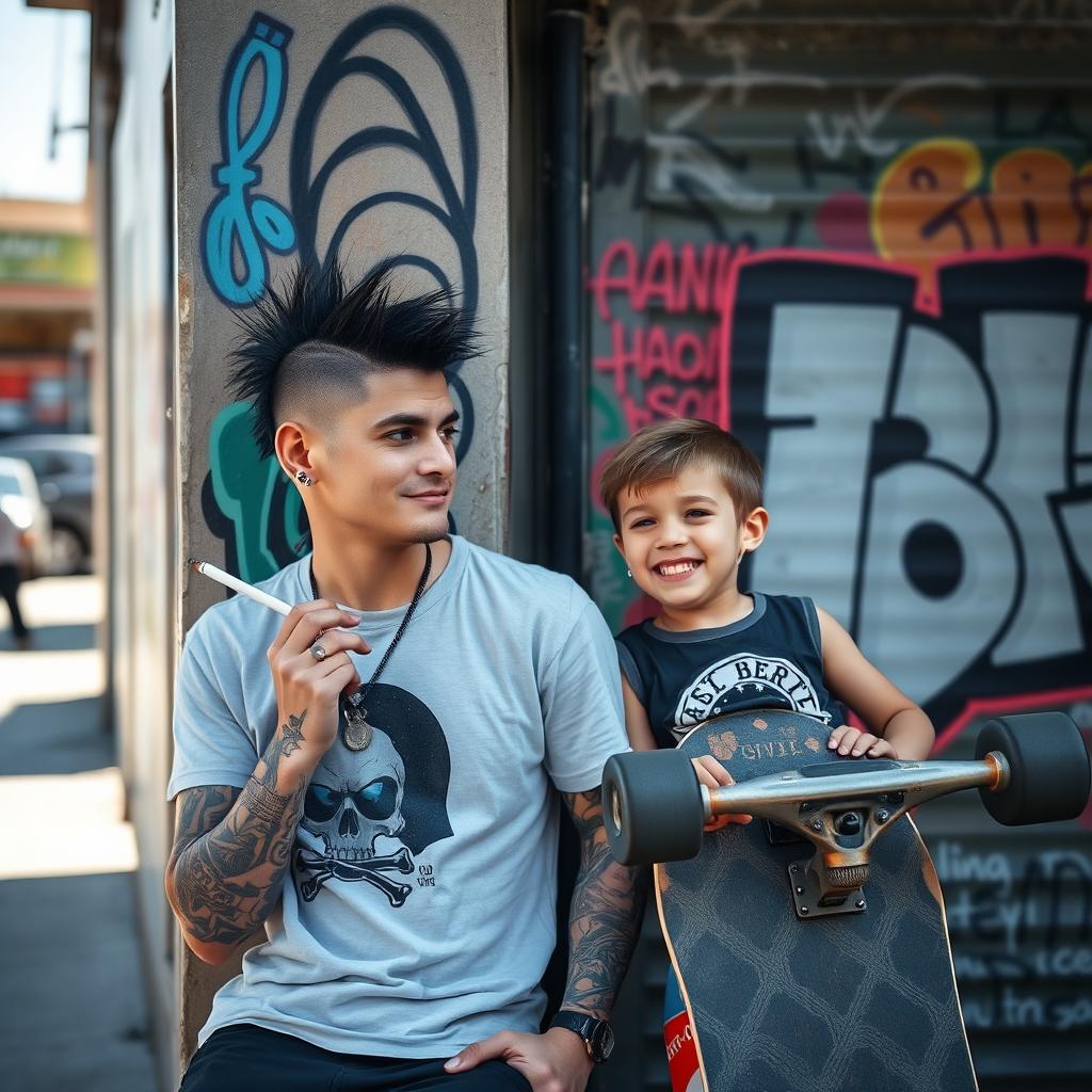 A dynamic urban street scene featuring a cool adult with a mohawk hairstyle and tattoos, leaning casually against a graffiti-covered wall, and some colorful street art in the background