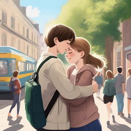 A high-quality digital art image captures a heartwarming moment of a 14-year-old British girl on a school trip