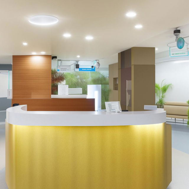 A hospital reception measuring 15' x 35' equipped with a sleek and practical cash counter. The area is well-lit, inviting, and designed with easily navigatable spaces.