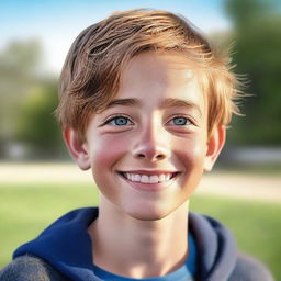 A high-quality, photorealistic digital art image depicts a charming 14-year-old Australian boy named Archie