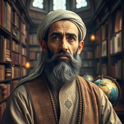 A historically-inspired portrait of Avicenna (Ibn Sina), the renowned Persian polymath and philosopher, depicted in a grand library filled with ancient books and scrolls