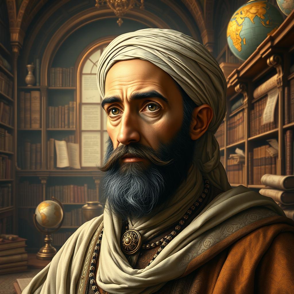 A historically-inspired portrait of Avicenna (Ibn Sina), the renowned Persian polymath and philosopher, depicted in a grand library filled with ancient books and scrolls