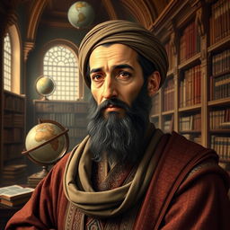 A historically-inspired portrait of Avicenna (Ibn Sina), the renowned Persian polymath and philosopher, depicted in a grand library filled with ancient books and scrolls