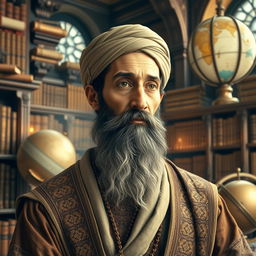 A historically-inspired portrait of Avicenna (Ibn Sina), the renowned Persian polymath and philosopher, depicted in a grand library filled with ancient books and scrolls