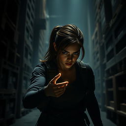A wide shot of a young woman named Tyla stealthily creeping through a dark, atmospheric warehouse
