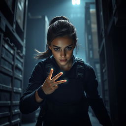 A wide shot of a young woman named Tyla stealthily creeping through a dark, atmospheric warehouse