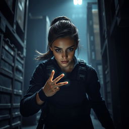 A wide shot of a young woman named Tyla stealthily creeping through a dark, atmospheric warehouse