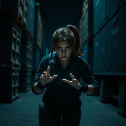 A wide shot of a young woman named Tyla stealthily creeping through a dark, atmospheric warehouse
