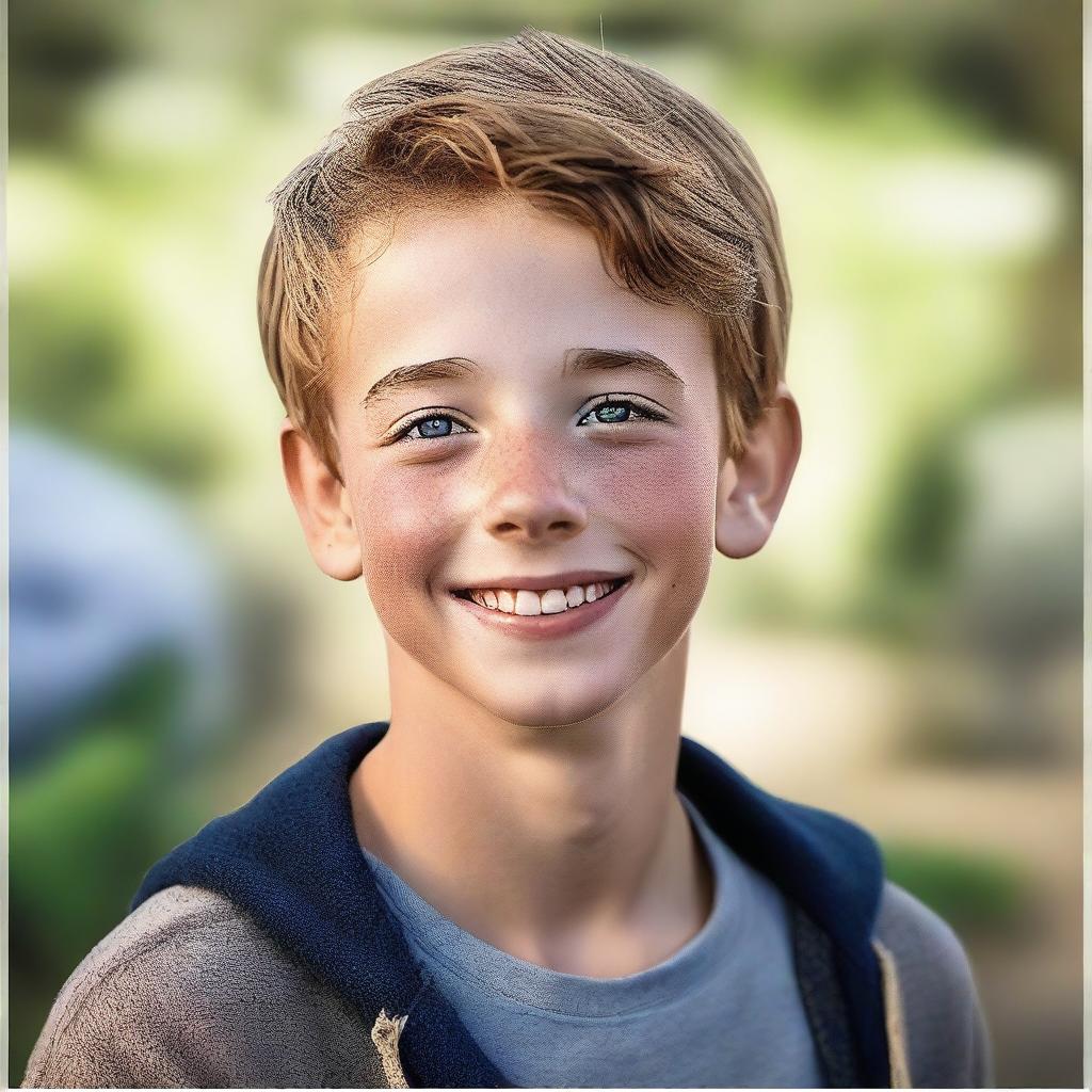 A high-quality, photorealistic digital art image depicts a charming 14-year-old Australian boy named Archie