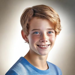 A high-quality, photorealistic digital art image depicts a charming 14-year-old Australian boy named Archie