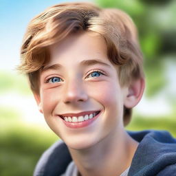 A high-quality, photorealistic digital art image depicts a charming 14-year-old Australian boy named Archie