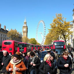 A bustling street scene in London from 10 years ago, capturing the essence of everyday life in the city