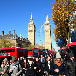 A bustling street scene in London from 10 years ago, capturing the essence of everyday life in the city