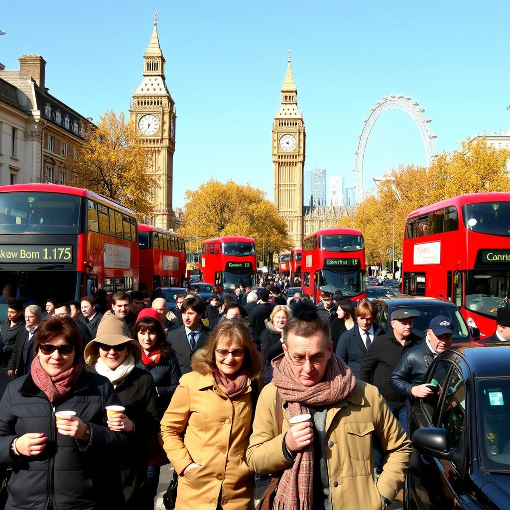 A bustling street scene in London from 10 years ago, capturing the essence of everyday life in the city