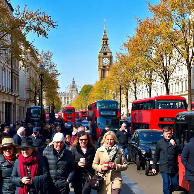 A bustling street scene in London from 10 years ago, capturing the essence of everyday life in the city