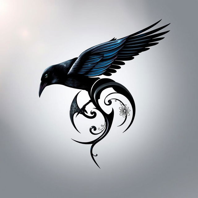 A striking symbol that blends a crow and a triskelion, showcasing the elegant silhouette of the crow's wings seamlessly integrated into the flowing curves of the triskelion's three spirals