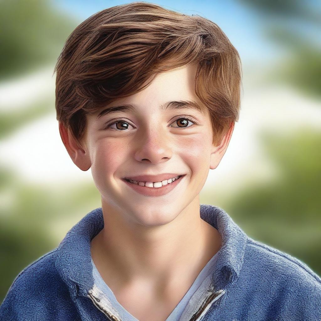 A high-quality, photorealistic digital art image portrays a charming 14-year-old Australian boy named Archie