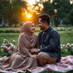 A romantic and serene scene of a loving Muslim couple enjoying a peaceful sunset at a scenic park