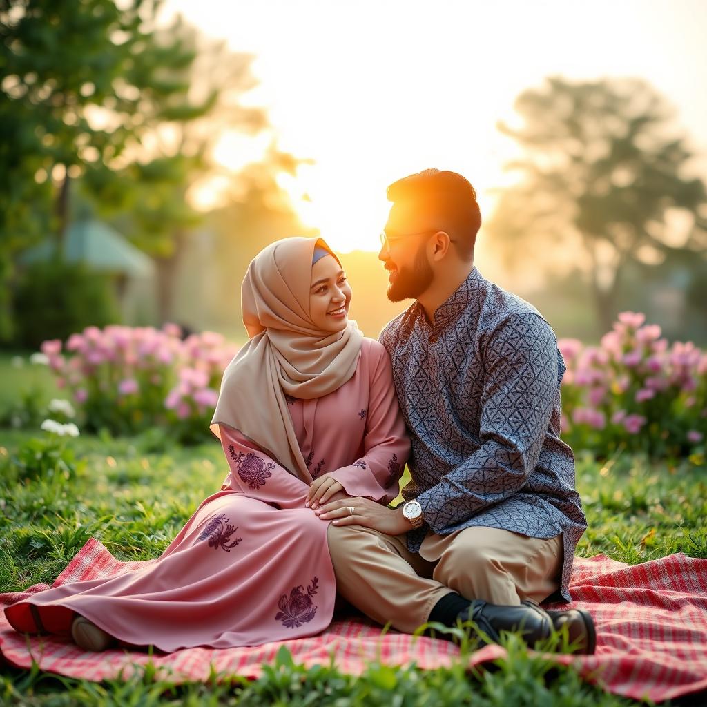 A romantic and serene scene of a loving Muslim couple enjoying a peaceful sunset at a scenic park