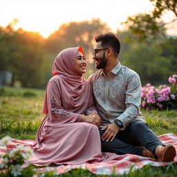 A romantic and serene scene of a loving Muslim couple enjoying a peaceful sunset at a scenic park