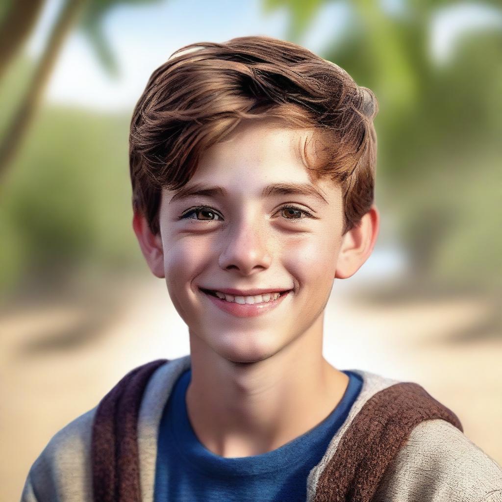 A high-quality, photorealistic digital art image portrays a charming 14-year-old Australian boy named Archie