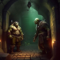 A large orc and a slim elf, respectively named Matt and Max, confidently stepping into a dimly lit, mysterious dungeon for their planned adventure.