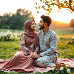 A romantic and serene scene of a loving Muslim couple enjoying a peaceful sunset at a scenic park
