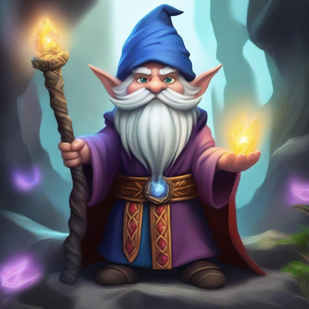 A high-quality digital art piece showcasing a gnome mage, made of grey rock, possessing dragon-like hands and eyes