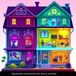 A vibrant 2D house for a music creation game, visually representing a building where each floor corresponds to a different music genre