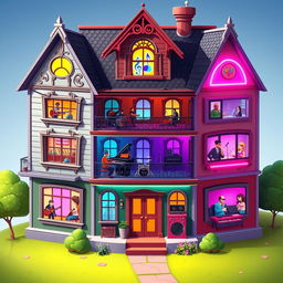 A vibrant 2D house for a music creation game, visually representing a building where each floor corresponds to a different music genre