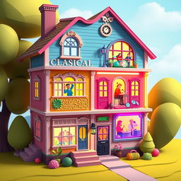 A vibrant 2D house for a music creation game, visually representing a building where each floor corresponds to a different music genre