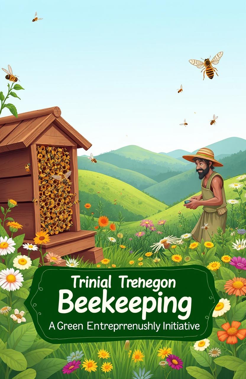 A vibrant and detailed illustration showcasing a Trigona bee farm, illustrating the concept of environmentally-friendly entrepreneurship