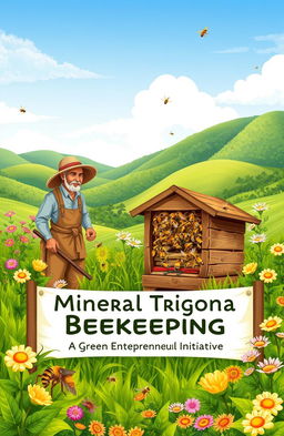 A vibrant and detailed illustration showcasing a Trigona bee farm, illustrating the concept of environmentally-friendly entrepreneurship