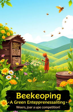 A vibrant and detailed illustration showcasing a Trigona bee farm, illustrating the concept of environmentally-friendly entrepreneurship