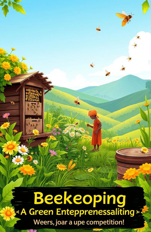 A vibrant and detailed illustration showcasing a Trigona bee farm, illustrating the concept of environmentally-friendly entrepreneurship