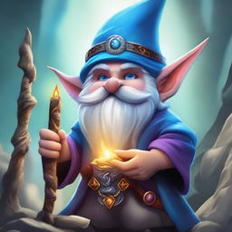 A high-quality digital art piece showcasing a gnome mage, made of grey rock, possessing dragon-like hands and eyes