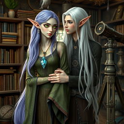 Elandra, a tall, slender elf with ethereal lavender hair and bright green eyes, exudes calm, nature-infused beauty