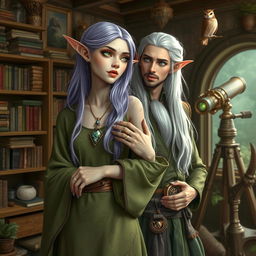 Elandra, a tall, slender elf with ethereal lavender hair and bright green eyes, exudes calm, nature-infused beauty