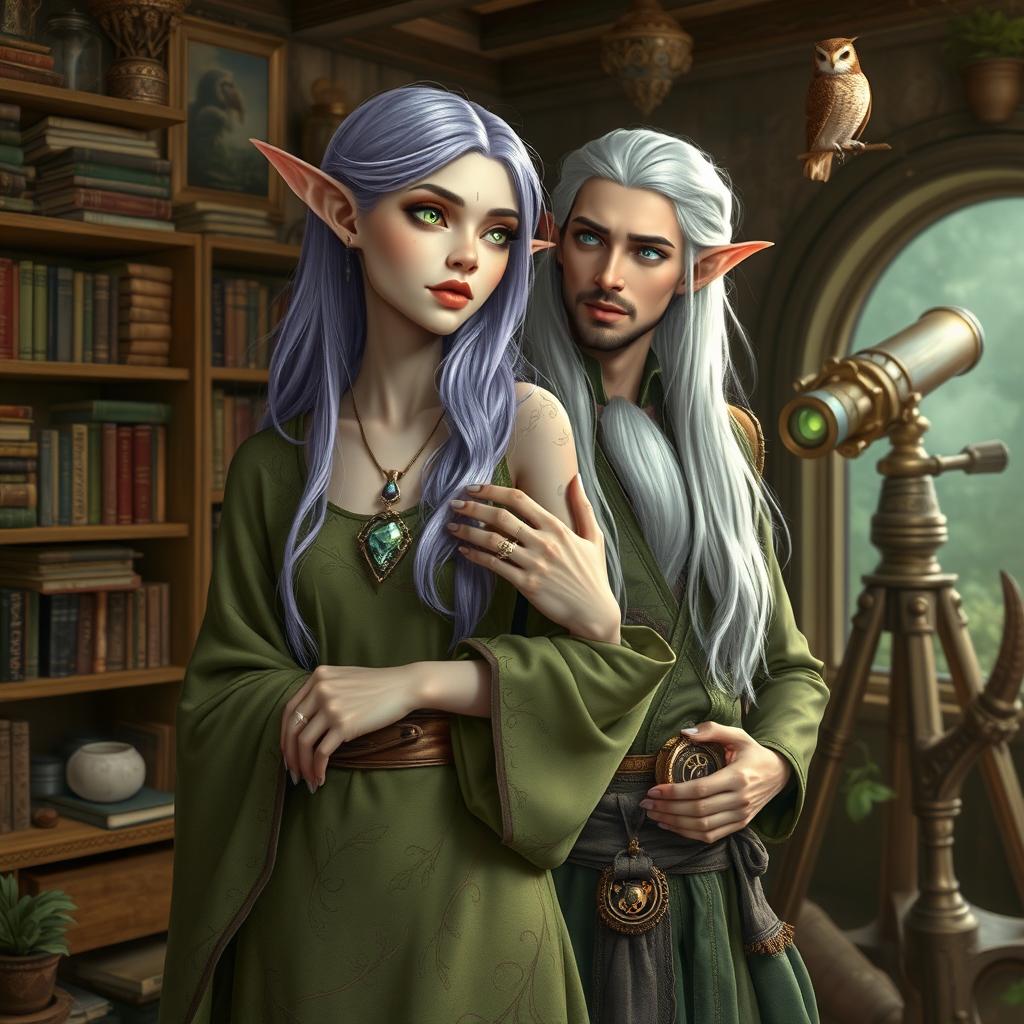 Elandra, a tall, slender elf with ethereal lavender hair and bright green eyes, exudes calm, nature-infused beauty