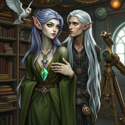 Elandra, a tall, slender elf with ethereal lavender hair and bright green eyes, exudes calm, nature-infused beauty