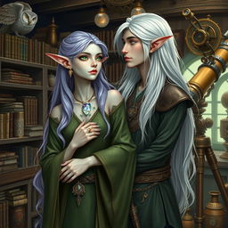 Elandra, a tall, slender elf with ethereal lavender hair and bright green eyes, exudes calm, nature-infused beauty