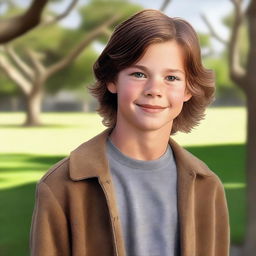 A high-quality, photorealistic digital art piece depicts a charming 14-year-old Australian boy named Archie, who bears a resemblance to a young Jared Padalecki