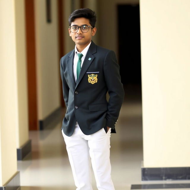 A 17-year-old male student in a dark green blazer with a school emblem, wearing well-pressed white trousers and polished black shoes