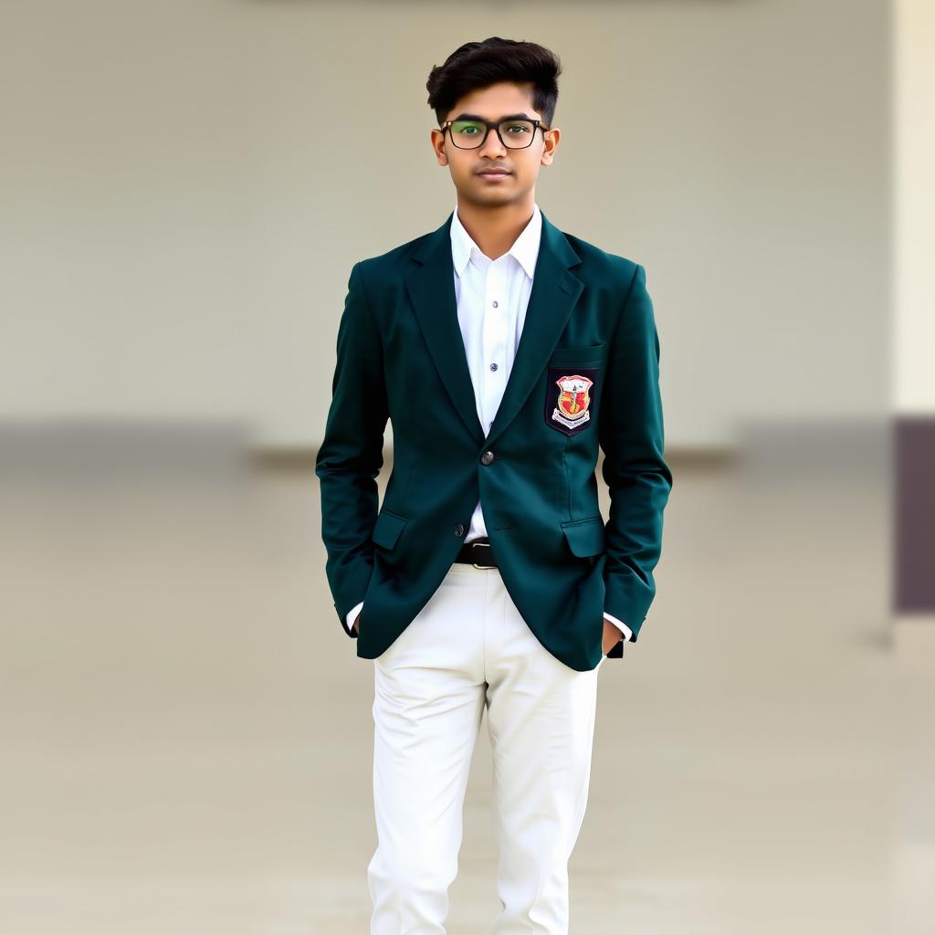 A 17-year-old male student in a dark green blazer with a school emblem, wearing well-pressed white trousers and polished black shoes